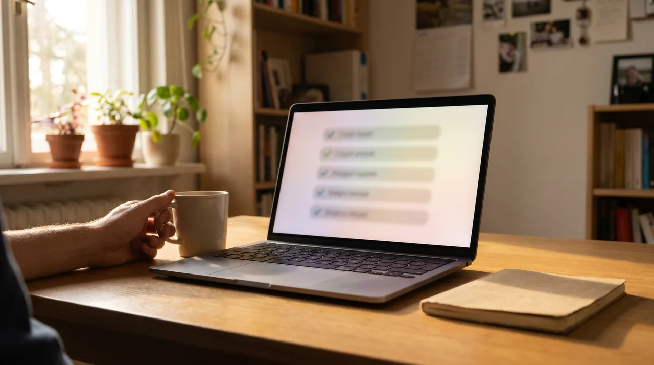 A calm one-person business dashboard on a clean desk showing five labeled stages, attract, convert, deliver, retain, grow, with each stage marked done.